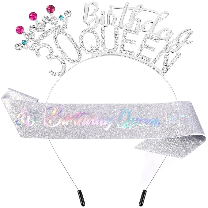 VELSCRUN 30th Birthday Queen Headband, Tiara Crown for Women, 30th Birthday Decorations for Her, Birth Queen Tiaras Crowns Sash for Women Mom Birth Party Decoration Hair Accessories Silver