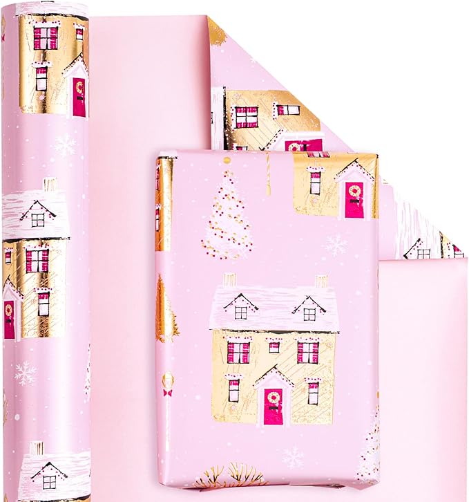 WRAPAHOLIC Reversible Christmas Wrapping Paper - Mini Roll - 17 Inch x 33 Feet - Pink House and Solid Pink Wrapping Paper with Metallic Foil Shine for Chrsitmas, Holiday, Party