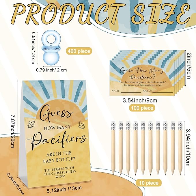 Roowest 512 Pcs Baby Shower Games Guess How Many Pacifiers Sign 100 Small Guessing Games 10 HB Pencils 750ml Milk Bottle 400 Acrylic Pacifiers Decoration for Guest Gender Reveal(Blue,The Son)