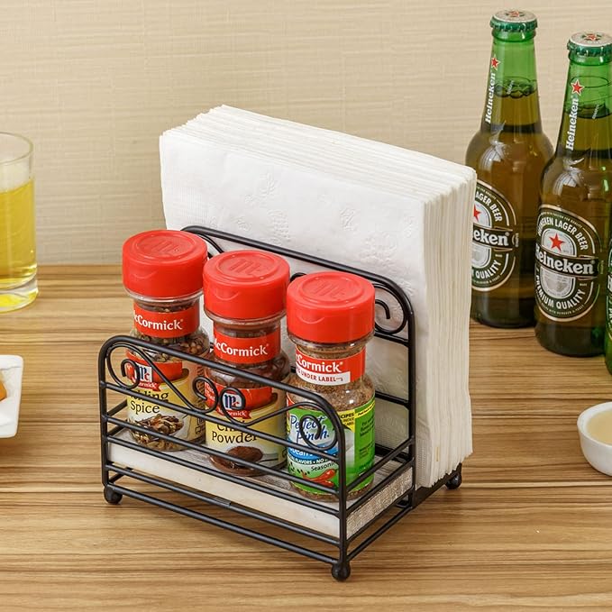 MyGift 2-in-1 Disposable Napkin and Salt & Pepper Caddy, Black Metal Vintage Scrollwork Dinner Table Paper Towel Condiment Holder with Shabby White Washed Solid Wood Base