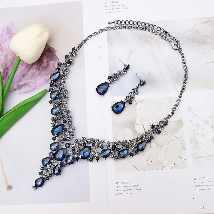 CSY Elegant Crystal Costume Jewelry Sets Flower Bridal Necklace Earrings Stretch Bangle Set for Bride Bridesmaid Wedding Dress Accessories