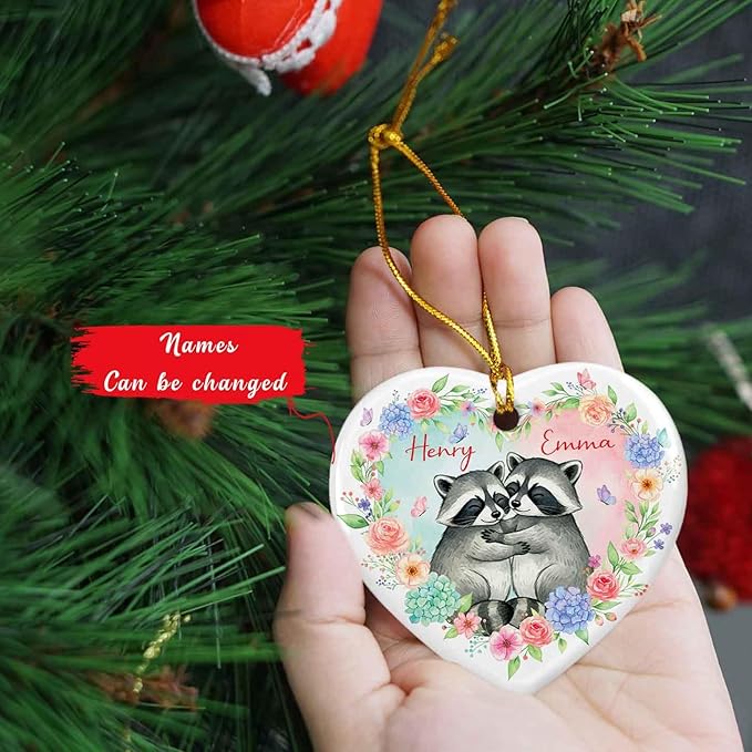 Custom Raccoon Couple Christmas Ornament 2025, Raccoon Floral and Butterfly Ceramic Ornament, Engagement Dating Keepsake Gifts for Men Women, Personalized Names Couple Raccoons Ornaments Xmas