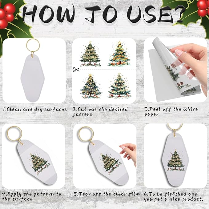 UV DTF Keychain Sticker,48 Sheets Star Christmas Tree Bright Holiday Scene Transfer Stickers Suitable for Hotel Keychains