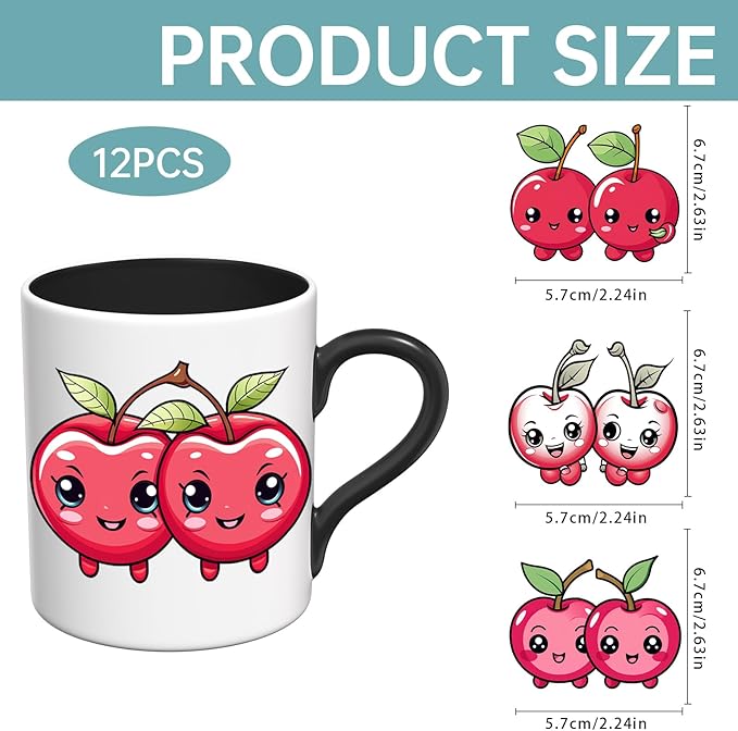 UV DTF Stickers - 12 Sheets Cherry Valentine UV DTF Cup Wrap for Coffee Mugs Glass, DIY Decals for Tumblers, Waterproof Rub on Transfers for Crafts