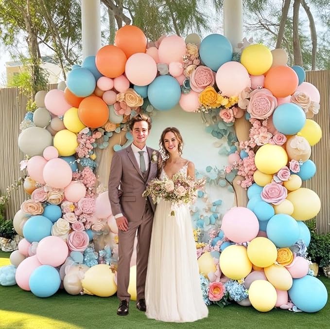 Yellow Blue Pink Balloon Garland Double Stuffed Pastel Pink Blue Yellow Peach Sand White Balloon Arch Kit for Baby Bridal Shower Birthday Wedding Bee Bear Flower Tea Party Decor