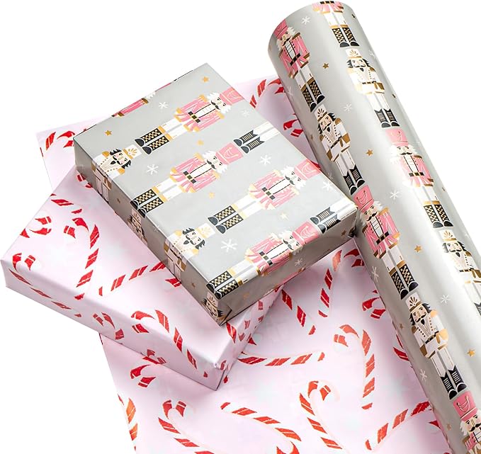 WRAPAHOLIC 30 Inch Jumbo Reversible Nutcracker Christmas Wrapping Paper - 30 Inch x 100 Feet Jumbo Roll Nutcracker and Candy Cane Design Printed on Pearlized Paper for Chrsitmas, Holiday, Party