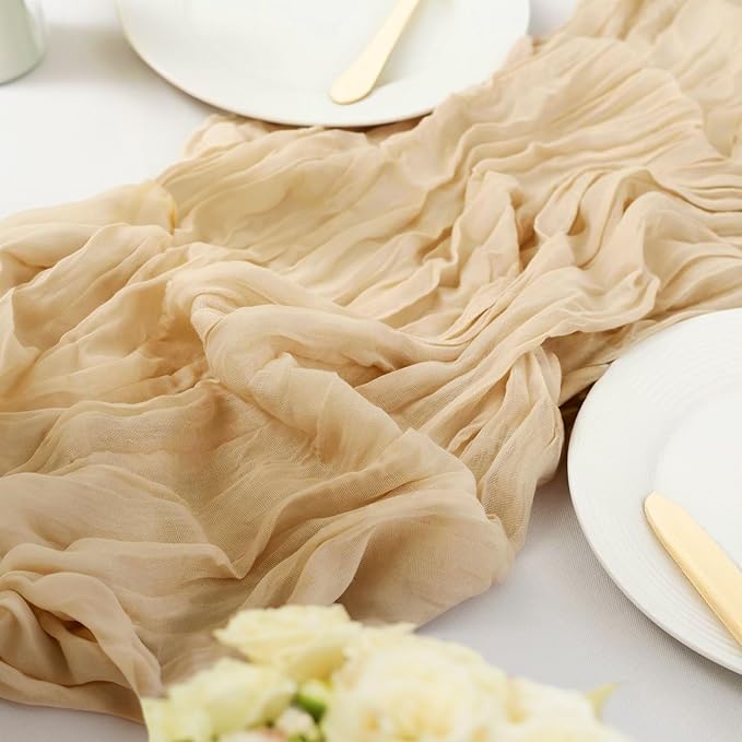 6 Pack Cheesecloth Table Runner 10Ft Boho Gauze Table Runner Cheese Cloth Long Rustic Sheer Table Runner for Wedding Bridal Baby Shower Birthday Party Cake Table Arbor Decorations (Beige)
