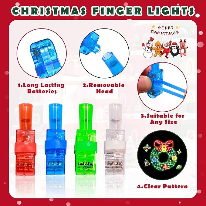 24 Pack Christmas Finger Lights Party Favors for Kids, Christmas Stocking Stuffers, Glow in The Dark Light up Toys Bulk Classroom Prizes Non Candy Gift