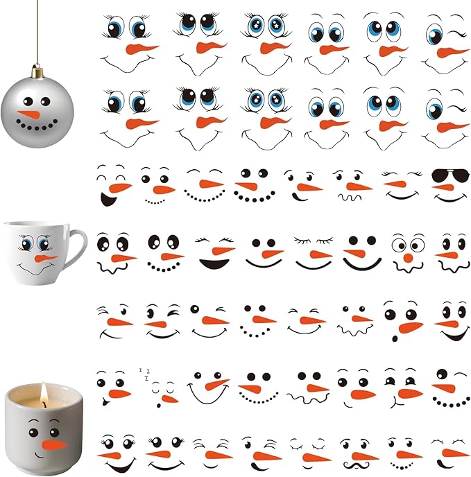 52PCS Snowman Face Stickers for Crafts, Snowman Face Decals for Christmas Ball Ornaments, Cups, Mugs, Jars, Window Stickers, DIY Christmas Tree Ornaments Decorations Holiday Crafts