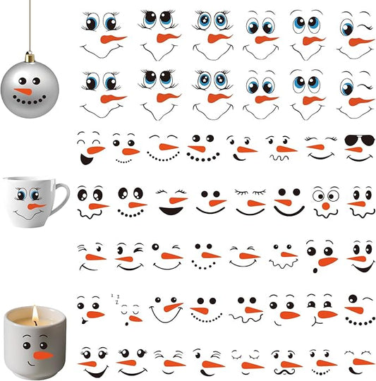 52PCS Snowman Face Stickers for Crafts, Snowman Face Decals for Christmas Ball Ornaments, Cups, Mugs, Jars, Window Stickers, DIY Christmas Tree Ornaments Decorations Holiday Crafts