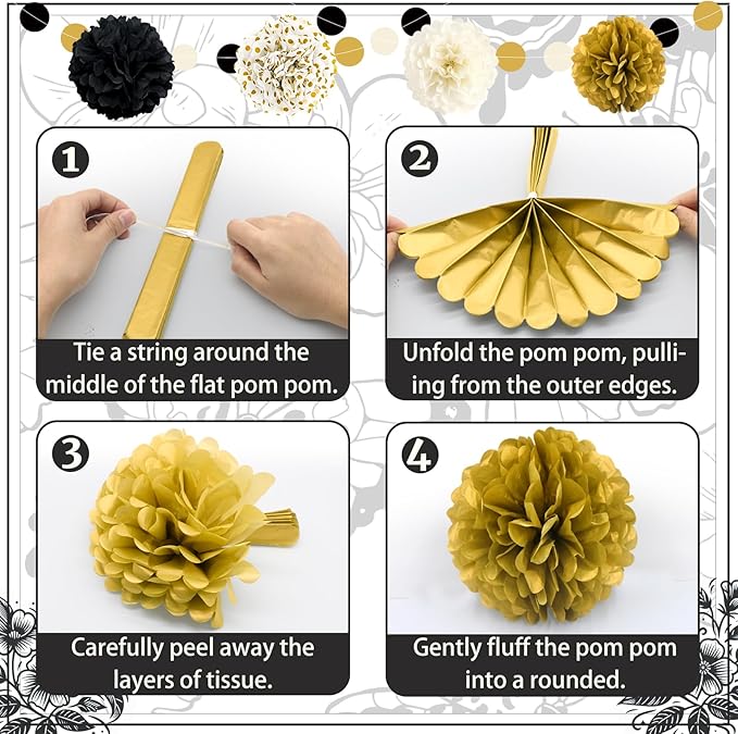 Black and Gold Party Decorations, 16 PCS Tissue Paper Pom Poms Dots Paper Garland Kit for New Year Party, Graduation, Wedding, Birthday, Engagement, Baby Shower, Retirement Party Decor