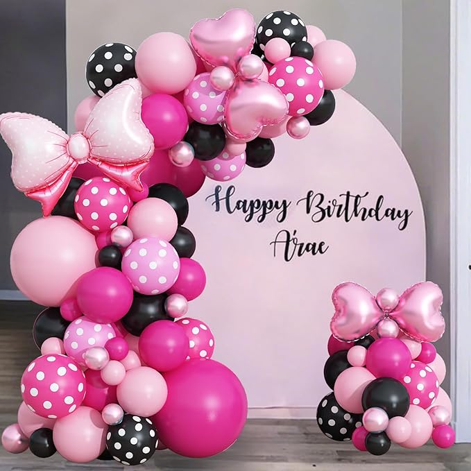 Pink and Black Balloons Arch Balloons Garland with Bow Heart Foil Balloon Cartoon Mouse Birthday Party Decorations Pastel Hot Pink White Dot Latex Balloon Baby Bridal Shower Supplies