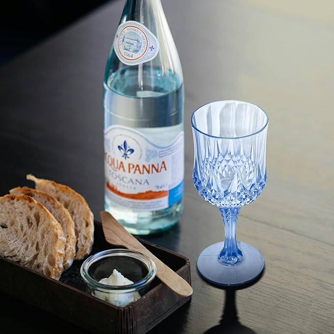 12 PCS Blue Plastic Wine Glasses Vintage Goblet, Reusable Drinkware Vintage, Plastic Blue Wine Glasses for Baby Shower Wedding Reception Grand Event Party, 7 OZ