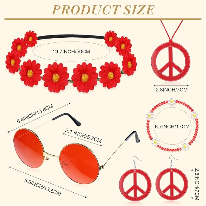 Batiyeer 6 Pcs Hippie Costume Accessories Set, Boho Peace Sign Daisy Flower 60s 70s Party Favors Decor for Groovy Party Women(Red)