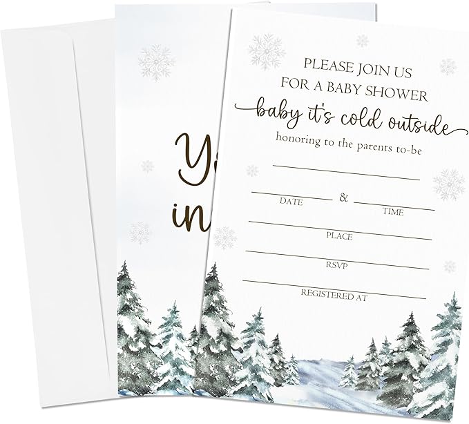 4'' x 6'' Baby It's Cold Outside Baby Shower Invitations - 25 Snowflake & Tree Invited Cards with Envelopes - Winter Announcement Invites for Boys & Girls, Gender Reveal Party Supplies & Decor -A06
