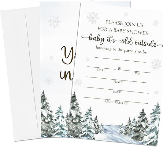 4'' x 6'' Baby It's Cold Outside Baby Shower Invitations - 25 Snowflake & Tree Invited Cards with Envelopes - Winter Announcement Invites for Boys & Girls, Gender Reveal Party Supplies & Decor -A06