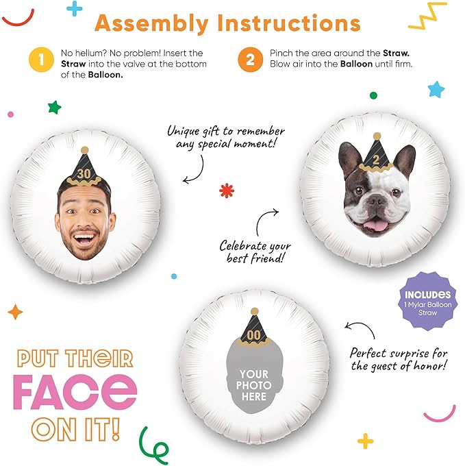 Big Dot of Happiness Personalized Adult Happy Birthday Black & Gold Cone Hat Fun Face Photo Balloon, Kids Birthday Party Decorations, Custom Double-Sided Circle Mylar, 1 Piece