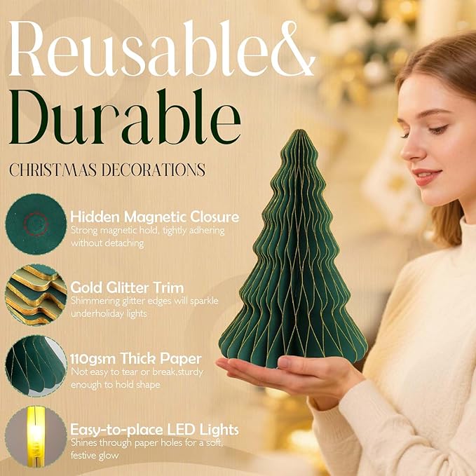 5Pcs Christmas Honeycomb Table Decorations Indoor, Lighted 3D Honeycomb Paper Christmas Trees, Vintage Green Table Centerpieces for Xmas Frozen Winter Holiday Party Home Decor, 8/10/12 Inch