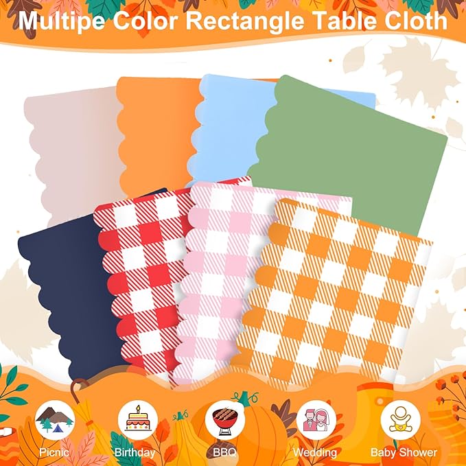 3 Pack Fall Orange Gingham Tablecloth, 54 X 108Inch Plastic Orange Checkered Table Cloth Disposable Scalloped Tablecloths Waterproof Plaid Table Cover for Autumn Harvest Picnic Wedding Birthday Party