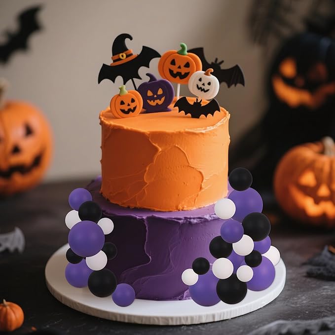 BEISHIDA 40 pcs Foam Ball Halloween Cake Toppers with Sticks Perfect for Halloween Cake Decorations Birthday Party Wednesday Theme Cake Decoration(Black, White, Purple)