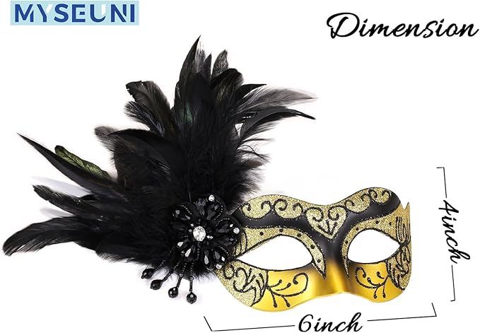 2025 New Gold and Black Masquerade Masks for Women with Feathers - Womens Mascarade Venetian Mask- Lady Mask for Masquerade Party, Mardi Gras, Halloween Cosplay Prom, Christmas, Birthday, Wedding