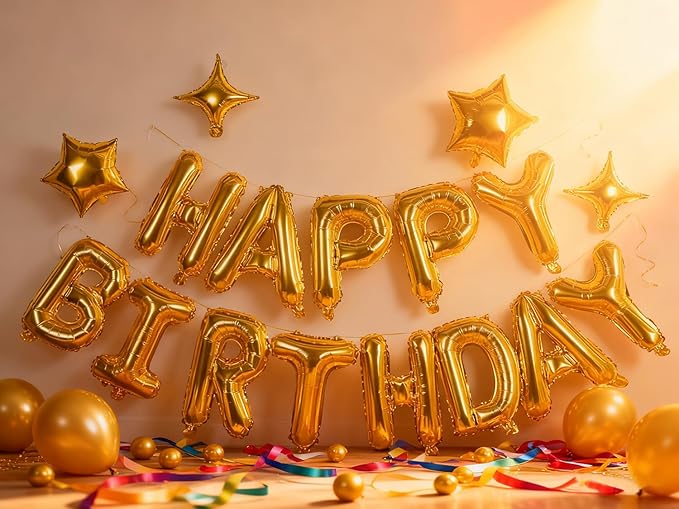 Gold Happy Birthday Banner Balloon Aluminum Foil 16 Inch Letter,10 Inch Five Pointed Star Four Pointed Star Suitable for Kids, Men, Women, Boys and Girls Party Decoration Supplies