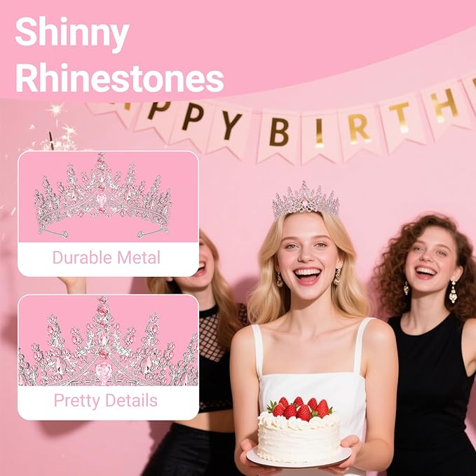 Tiara Crown for Women, Headband Hair Accessories for Birthday Wedding Party Costume Pink