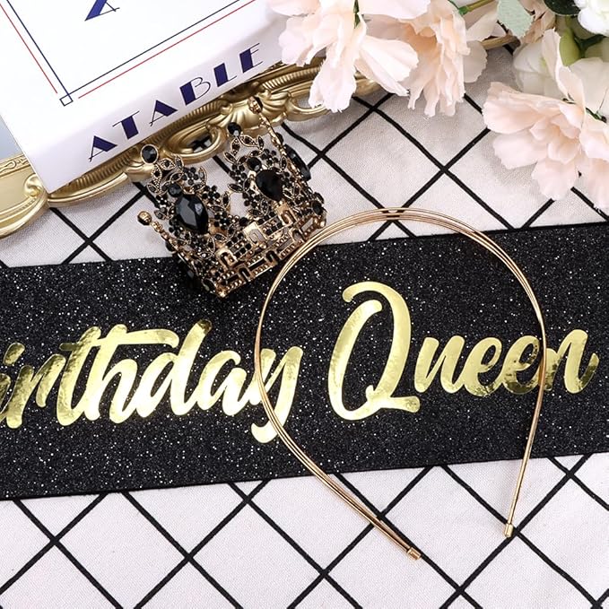 Birthday Queen Sash for Women Tiara & Crowns Headbands for Girls Happy Birthday Party Accessories Favor Supllies Leona Gold Black Pink, 2 Pack