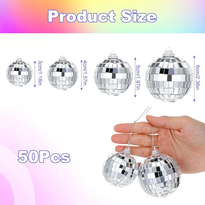 50 Pcs Disco Ball Ornaments, 1.18, 1.57, 1.97, 2.36 Inch Disco Ball Party Decorations Party Mirror Balls with String Hanging Discos Balls for Returning to 70s 80s 90s, Rock and Hip Hop Themed Parties