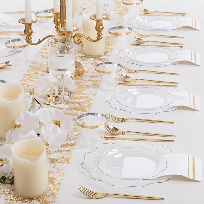 WDF 350Pcs Clear and Gold Plastic Plates - Heavy Duty Clear Plates Disposable - Gold Dinnerware Sets of 100 Plastic Plate 150Silverware 50 Cups 50 Napkins for Wedding/Party/Thanksgiving
