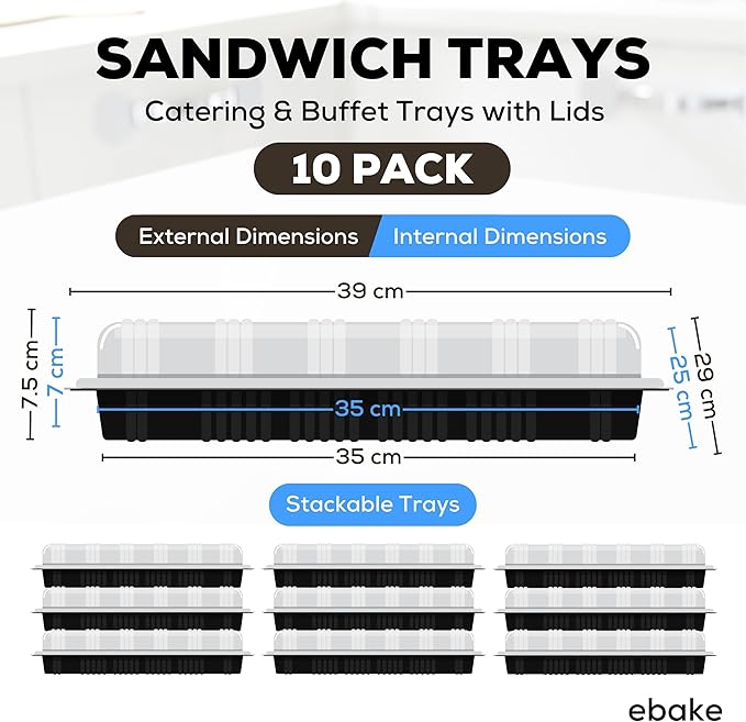 10 Pack Catering Trays with Lids – 15" Serving Tray with Lid, Heavy Duty Recyclable Plastic Party Platters for Catering, Buffet, Picnics & Events – Food Tray with Clear Lid (15.35 × 11.42 × 2.95 inch)