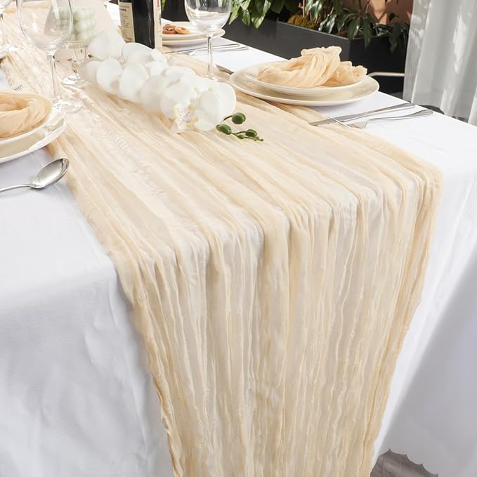 NESCCI 2 PCS Beige Table Runner,Rustic Boho Cheesecloth Table Runner,35x120 Inches Beige Runners for Tables, Pefect for Mothers Day Wedding Baby Shower Birthday Party Home Decorations