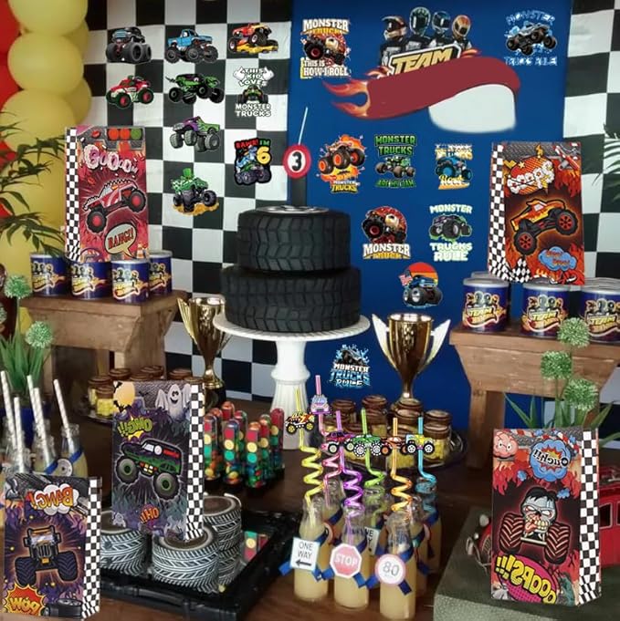 110PCS Monster Truck Party Favors Set,Monster Jam Birthday Decorations Including Truck Theme Slap Bracelets Keychains Gift Bags DIY Stickers Drinking Straws People Monster Truck Birthday Supplies