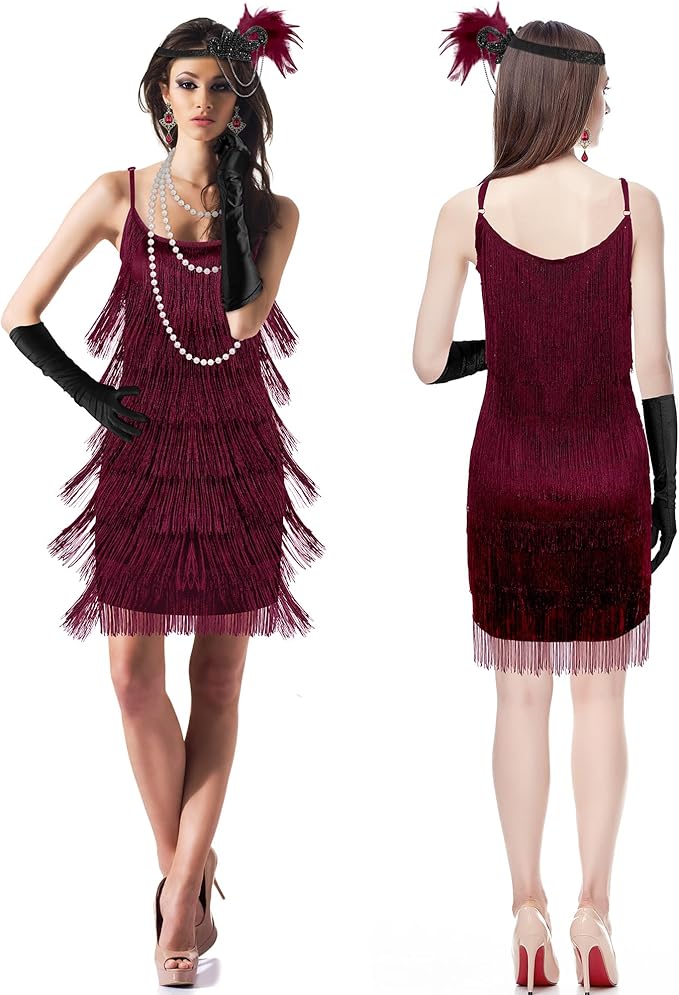 Zhanmai 6 Pcs Flapper Dress Flapper Costumes for Women 1920s Accessories Set Headband Pearl Necklace Earrings Gloves Stick