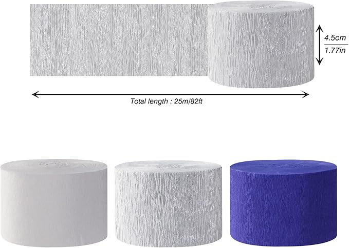 Navy-Blue White- Silver Crepe Paper Streamers - 9 Rolls Royal Blue Graduation 2025 Men Boy Birthday Party Decorations Streamer Wedding Bridal Shower Paper Garland Fathers Day Decor Panduola