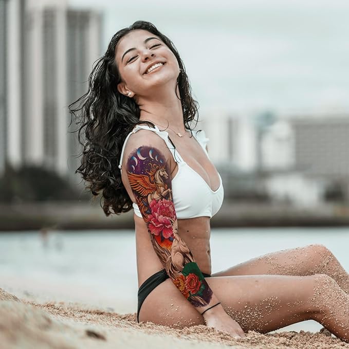 Aresvns Spring Sleeve Temporary Tattoo for women and gils, Beautiful Floral Waterproof Fake Tattoo,Roses Peacock Temp tatoo for BBQ Pool Beach Party
