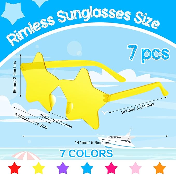 PLULON Star Sunglasses Kids, 7 Pairs Colorful Star Sunglasses Bulk Rimless Star Shape Sunglasses, Star Glasses Bachelorette Sunglasses Star Party Favors for Birthday Beach Kids Adult - Multicolor