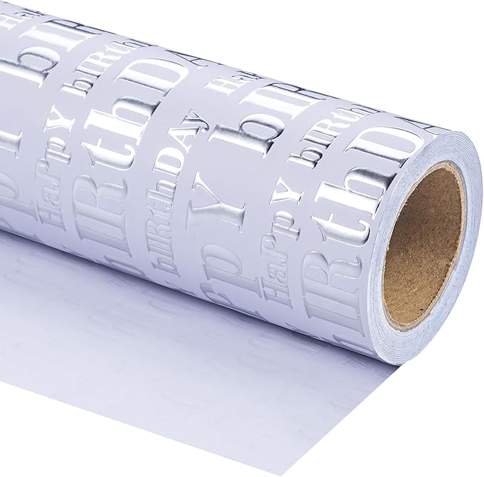 WRAPAHOLIC 3D Kraft Birthday Wrapping Paper Roll - Mini Roll - 17 Inch x 16.5 Feet - Silver and White Happy Birthday Lettering Design with Embossed Perfect for Holiday, Party Celebration