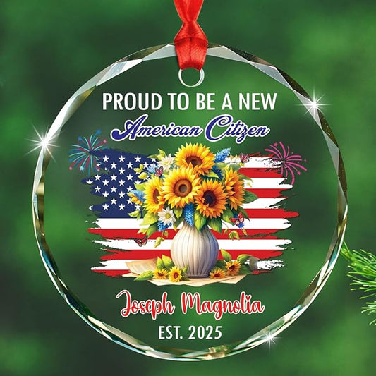 Proud to Be A New American Citizen Glass Christmas Ornament 2025, Custom USA Flag Xmas Ornament Gift for Grandma Wife Mom Immigrants Naturalization, Personalized Name USA Citizenship Decor Ornaments