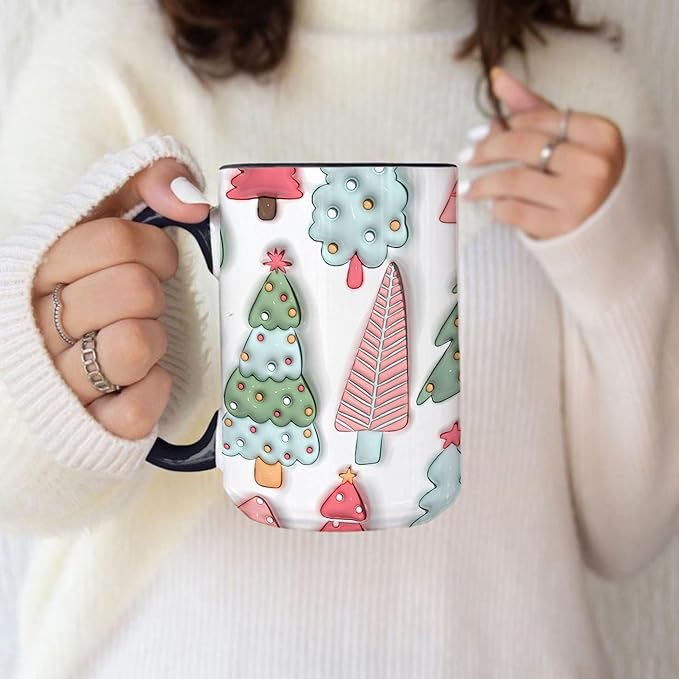 Christmas Trees Xmas 3D Inflated Mugs, Color Accent Coffee Cups, 11oz 15oz, Seasonal Gifts