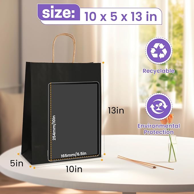 XPCARE Black Paper Bags, 200 Packs 10x5x13 Inch Gift Bags with Handles Bulk Paper Bags with Handles Retail Kraft Paper Bag Black Gift Bag for Wedding Party Shopping