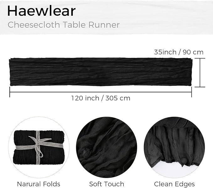6 Pack Cheesecloth Table Runner 10Ft Boho Gauze Table Runner Cheese Cloth Long Rustic Sheer Table Runner for Wedding Bridal Baby Shower Birthday Party Cake Table Arbor Decorations (Black)