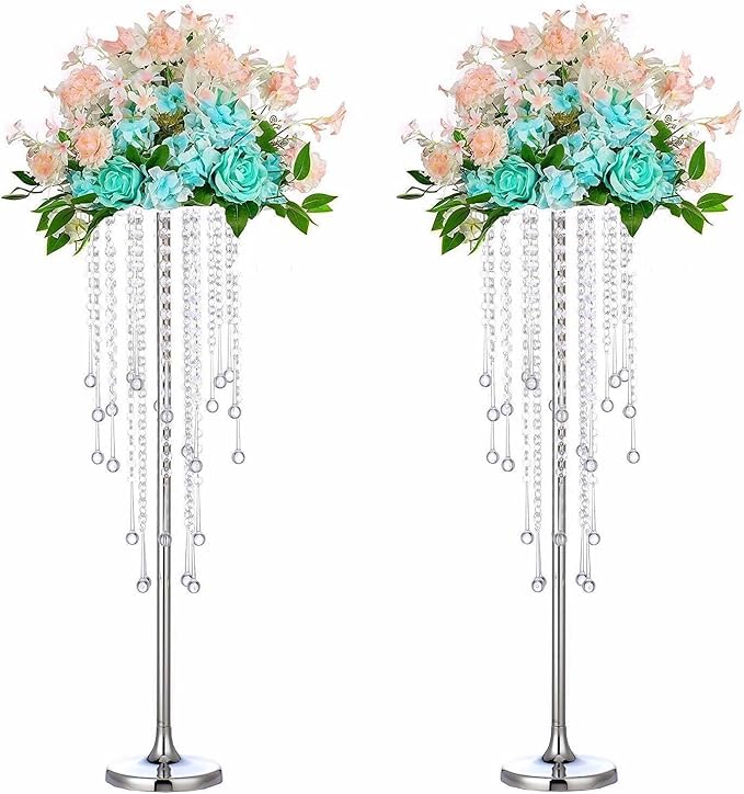 29.5 inches Tall Silver Vases Wedding Centerpieces, Elegant Metal Flower Candle Holder with Chandelier Crystal,for Wedding Party Event,Birthday,Reception,New Year Home Decorations