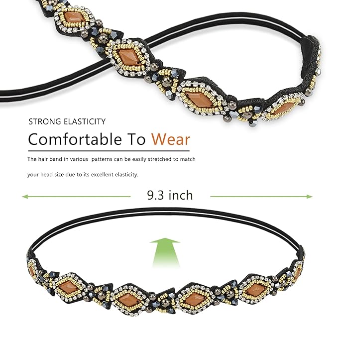 AMCAMI 5-Piece Rhinestone Beaded Hairband Set for Women - Fancy Elastic Headbands with Jeweled Crystal Beads - Handmade Hair Accessories for Women, Girls, and Ladies