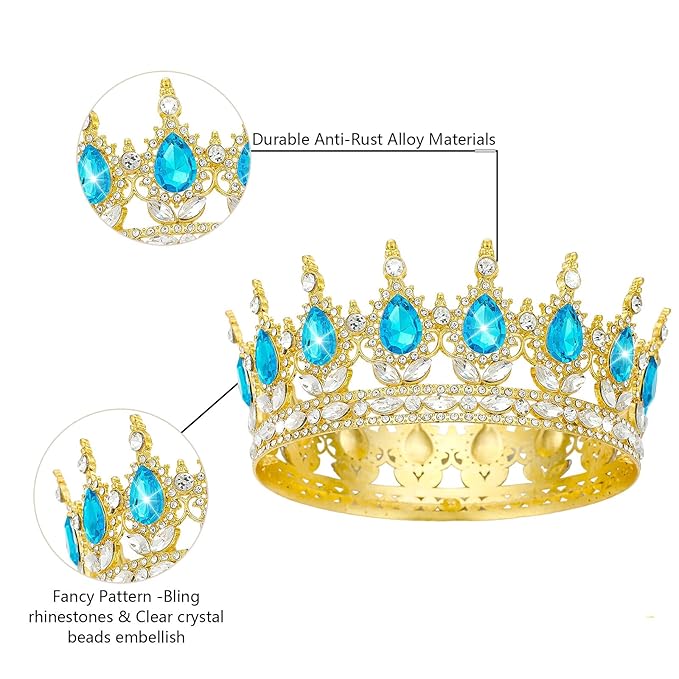 Queen Rhinestone Wedding & Bridal Crowns - Gold & Light Blue Tiaras for Women's Costume Party & Princess Birthday Accessories