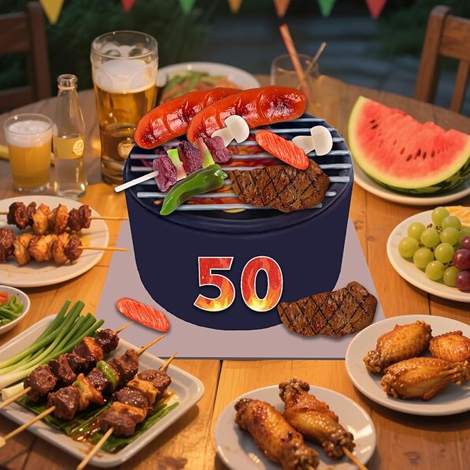 9 PCS BBQ Cake Topper Happy 50 Birthday Barbecue Decorations with Artificial Kebab and Hot Dog for Boys Girls Birthday Party Picnic Camping BBQ Theme Party Supplies