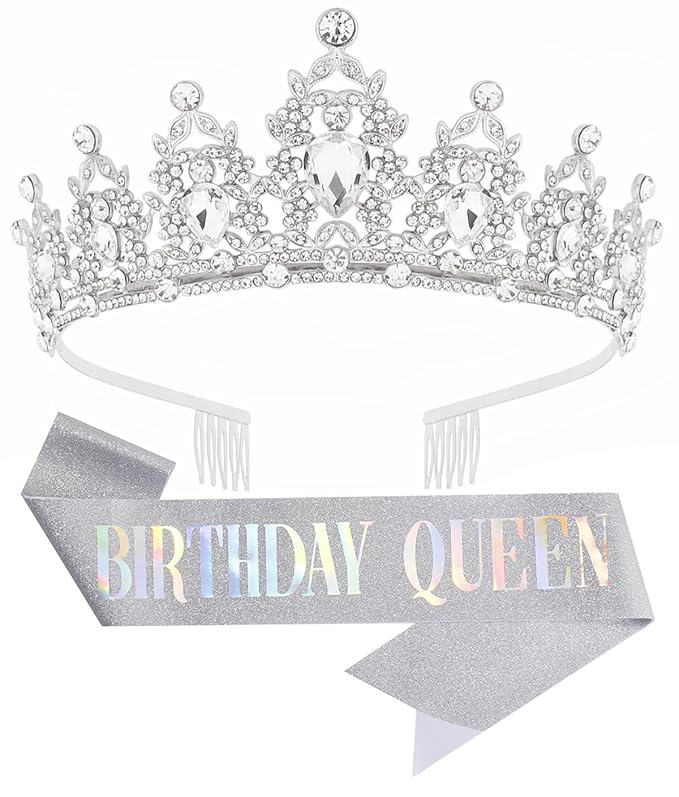 Birthday Tiara Crown with Sash for Women, Headband Hair Accessories for Wedding Party Costume Silver