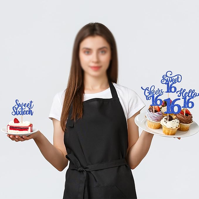 30PCS Happy 16th Birthday Cupcake Toppers Glitter Sweet Sixteen Hello 16 Cupcake Picks Cheers to 16 Birthday Decorations for 16th Birthday Anniversary Party Cake Decoration Supplies Blue