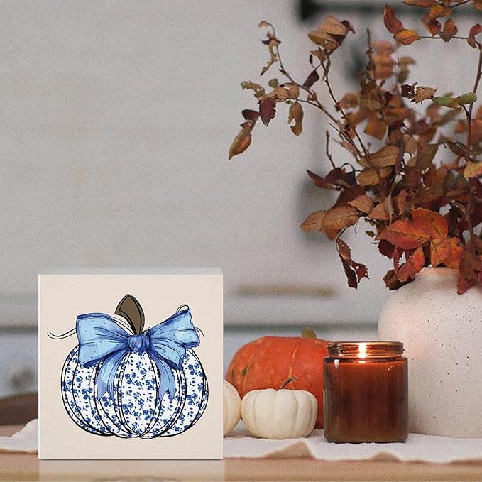 Cute Fall Decor Blue Floral Pumpkin Fall Decorations for Home Office Thanksgiving Autumn Pumpkin Decor Funny Autumn Decorations for Desk Table 5 x 5 inches