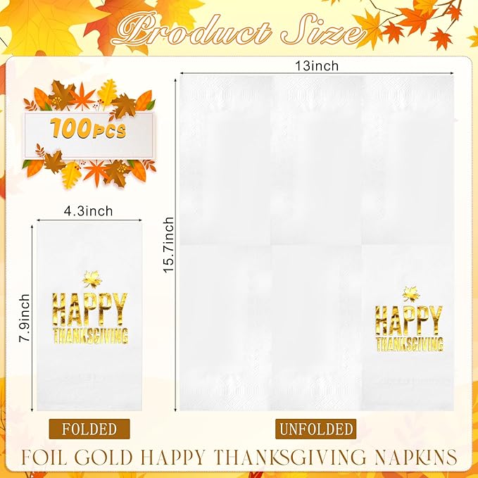 100pcs Thanksgiving Cocktail Napkins,Disposable Napkins with Happy Thanksgiving Gold Foiled,Fall Dinner Guest Paper Hand Towels for Autumn Harvest Thanks Theme Party Decorations,7.9 * 4.3inch